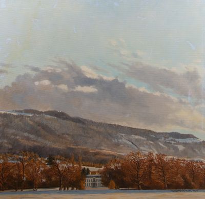 un tableau représentant une maison au milieu d'un champ enneigé
