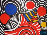 painting of a red, black, yellow, and blue abstract design
