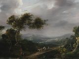 a painting of a landscape with a river and a man on a horse