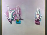 two paintings of people doing different things on a easel