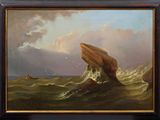une peinture à l'huile représentant un bateau sur une mer agitée, avec un gros rocher en arrière-plan