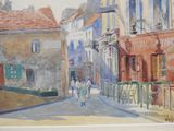 a painting of a couple walking down the street
