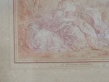 an old drawing of a man and a woman with sheep in a field