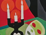 a painting of a candle and a bowl of fruit on a table