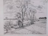 pencil drawing of a landscape with trees and a road