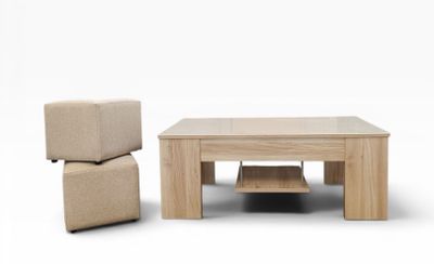 a wooden table with two chairs and a coffee table on it