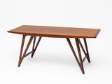 a wooden table with two legs on a white background