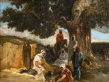 une image représentant un tableau où l'on voit un groupe de personnes assises sous un arbre