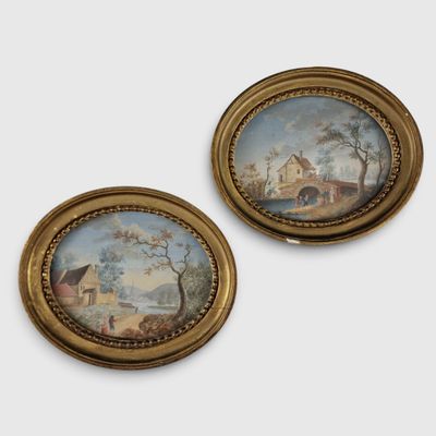 pair of miniature paintings of a farm scene in a gilded frame