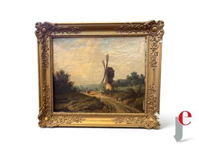 an oil painting of a windmill on a hill with a man walking by