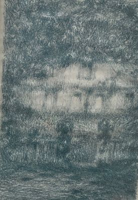 drawing of a boat in the water with a sky background