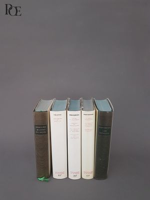 plusieurs livres sont empilés sur une surface grise