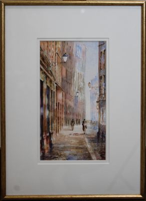 aquarelle encadrée représentant une scène de rue dans une ville