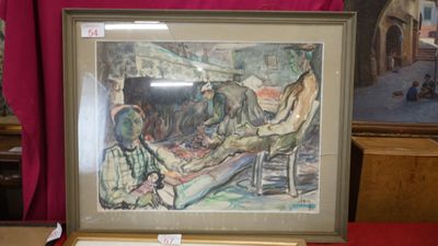 "La veillée devant la cheminée" Peinture gouachée et aquarel…