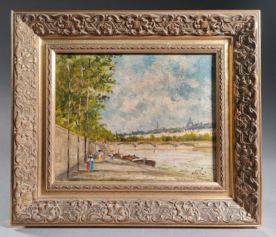 un tableau représentant une scène fluviale avec des bateaux sur l'eau