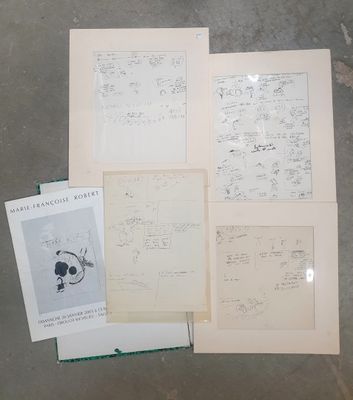 quatre pages de dessins et un livre posés sur une table