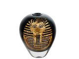 a black and gold vase with an egyptian design on it