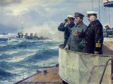 a painting of a group of men standing on a boat