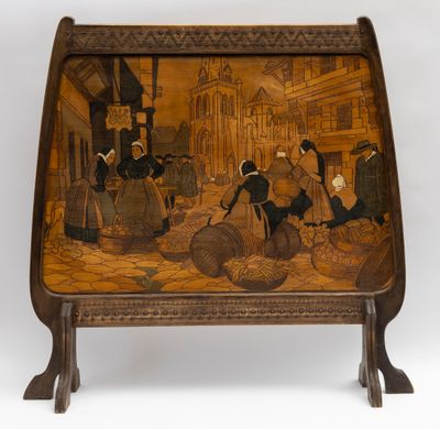 an old wooden tray with a painting of a street scene on it