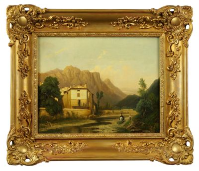 Ecole française vers 1850. Cavalier longeant une rivière dom…