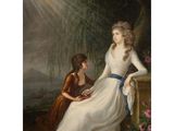 a painting of a woman in a white dress sitting next to a woman in a brown dress