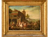 une peinture à l'huile représentant un groupe de personnes rassemblées autour d'un bâtiment
