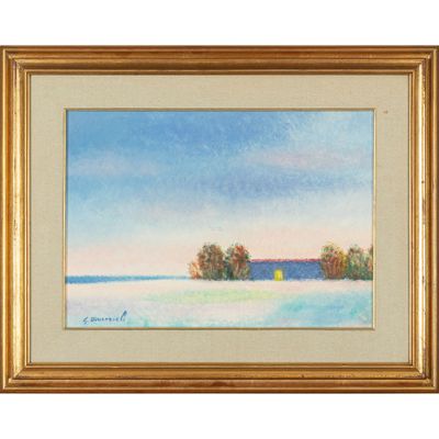 un tableau représentant une ferme en hiver, avec une grange au loin