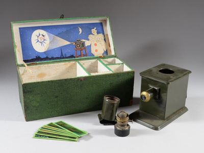 a green box with a picture of a man on it