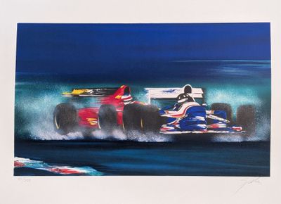 une peinture à l'huile représentant une voiture de course traversant une vague