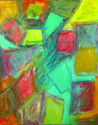 tableau représentant une peinture abstraite colorée d'un bâtiment comportant de nombreuses fenêtres
