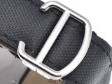 black leather belt with a silver buckle on a white background