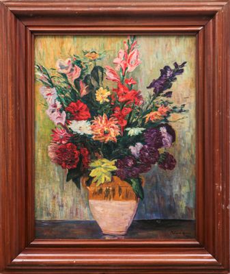 an oil painting of a vase of flowers on a table