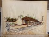a picture of a drawing of a building on a piece of paper