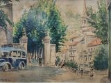 une peinture représentant une scène de rue avec un bus sur la route