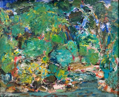 an oil painting of a river with trees and bushes in the background