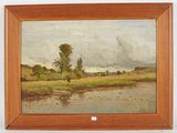 une peinture à l'huile représentant un paysage avec une rivière et une personne au loin