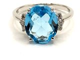 une image représentant une bague en topaze bleue sertie de diamants, sur fond blanc