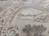 a picture of a painting of people walking on a bridge