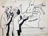 cartoon drawing of a man and a woman standing in front of a map