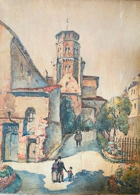 tableau représentant un vieux bâtiment avec une tour horloge et des passants marchant dans la rue