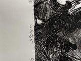 a black and white drawing of a man riding a horse