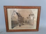 an old picture of a picture of a street in a wooden frame