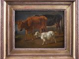 painting of two cows and a goat in a field by a river