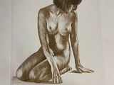 pencil drawing of a nude woman sitting on the ground with her legs crossed