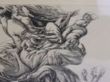 a drawing of a man on a horse being pulled by a horse