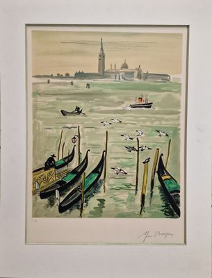 painting of gondola boats in the water with a church in the background