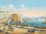 un tableau représentant une vue d'un port avec des bateaux et des personnes