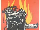 une image d'une affiche pour un service d'impression, sur laquelle figure une photo d'un camion de pompiers
