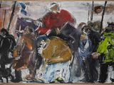 un tableau représentant un homme à cheval devant un groupe de personnes