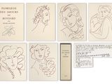 six dessins représentant des visages de femmes et un cahier contenant des notes à leur sujet
